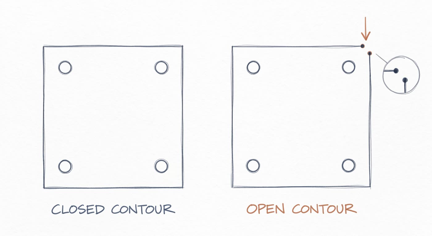 Run a 'join' or 'close all' on your geometry before export. Even a hairline gap leaves the contour open.