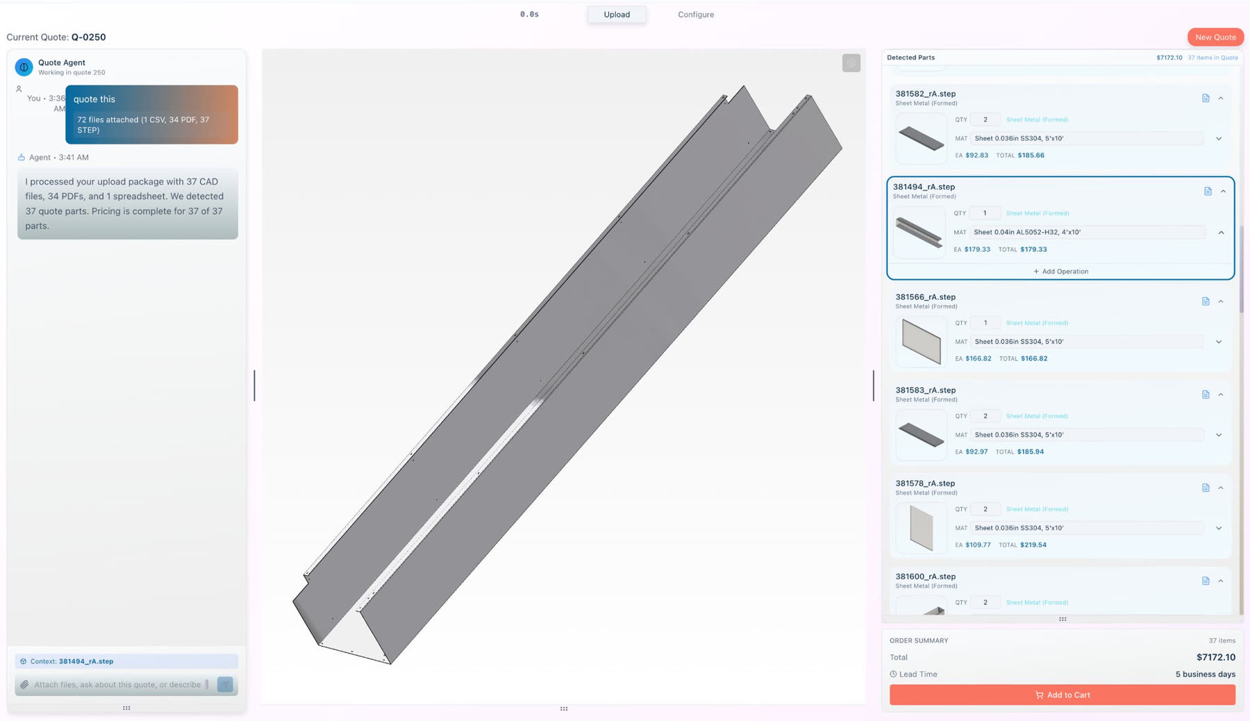 RapidFab Quote workspace — CAD viewer, agent chat, and detected parts with instant pricing